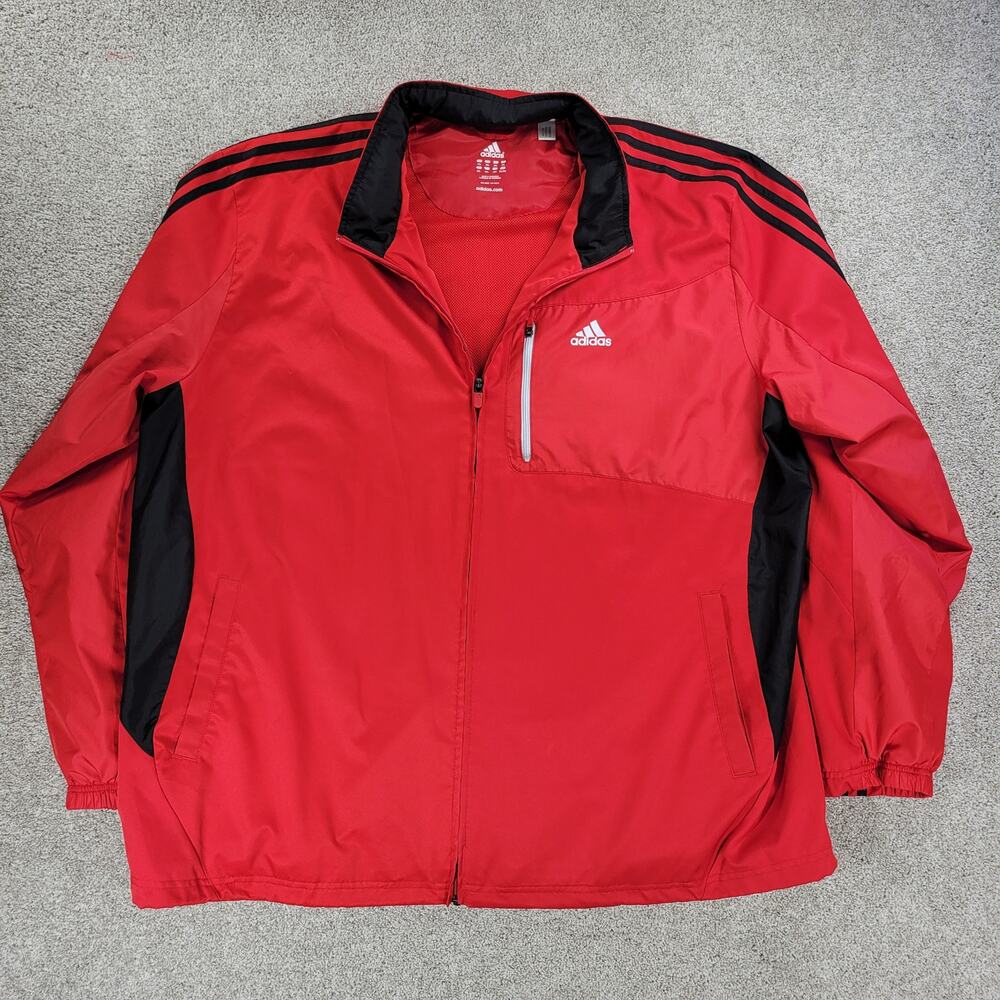 Adidas Windbreaker Jacket Mens 2XL Red Black 3 Stripe Full Zip Lightweight Track